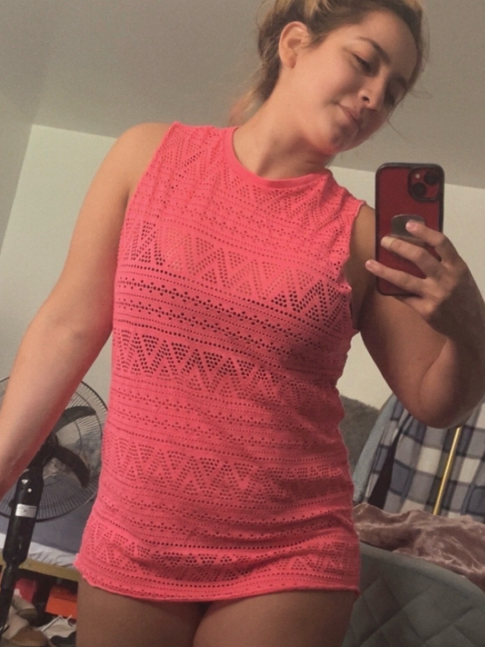 Women's Pink Crochet Swim Cover-up Tank Dress small/medium